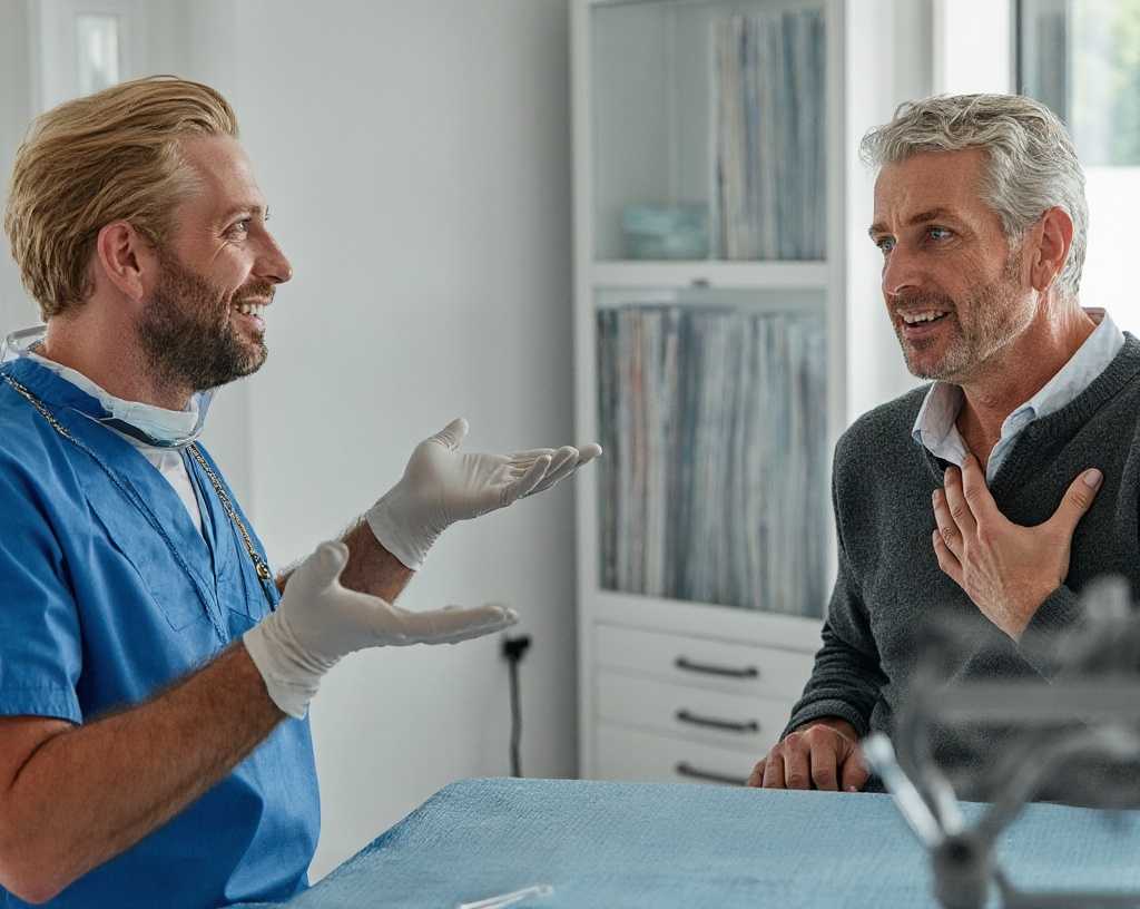 Arzt Patienten Kommunikation · Andreas mit Patienten im Gespräch